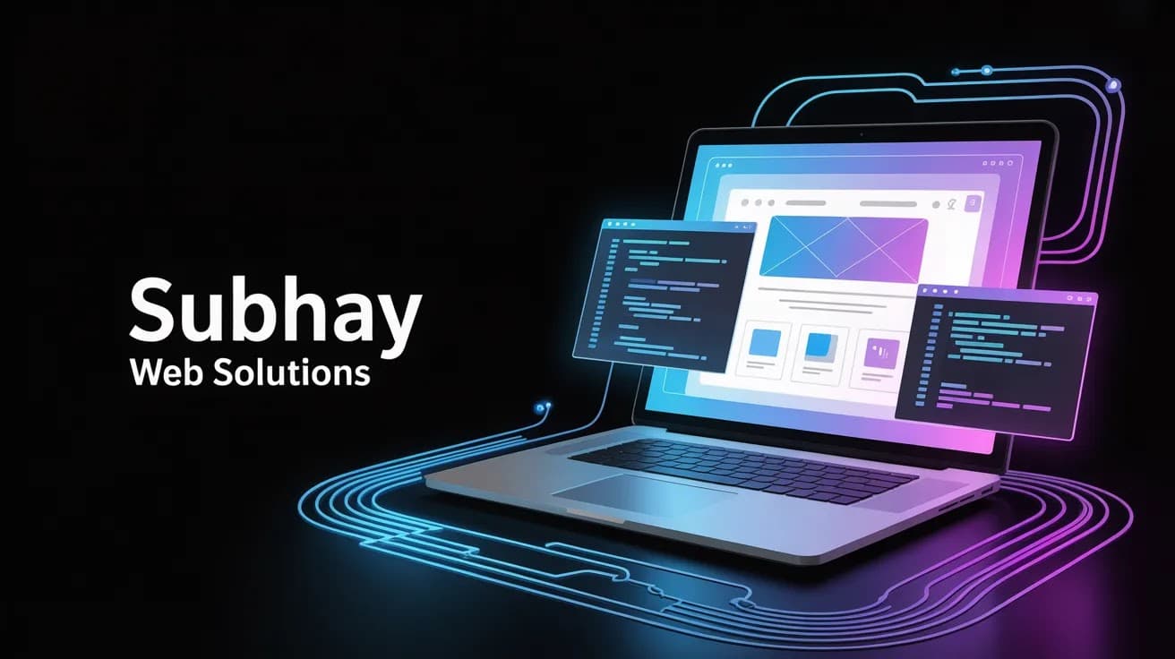 Subhay Web Solutions — complete brand showcase with logo, tagline, and digital workspace